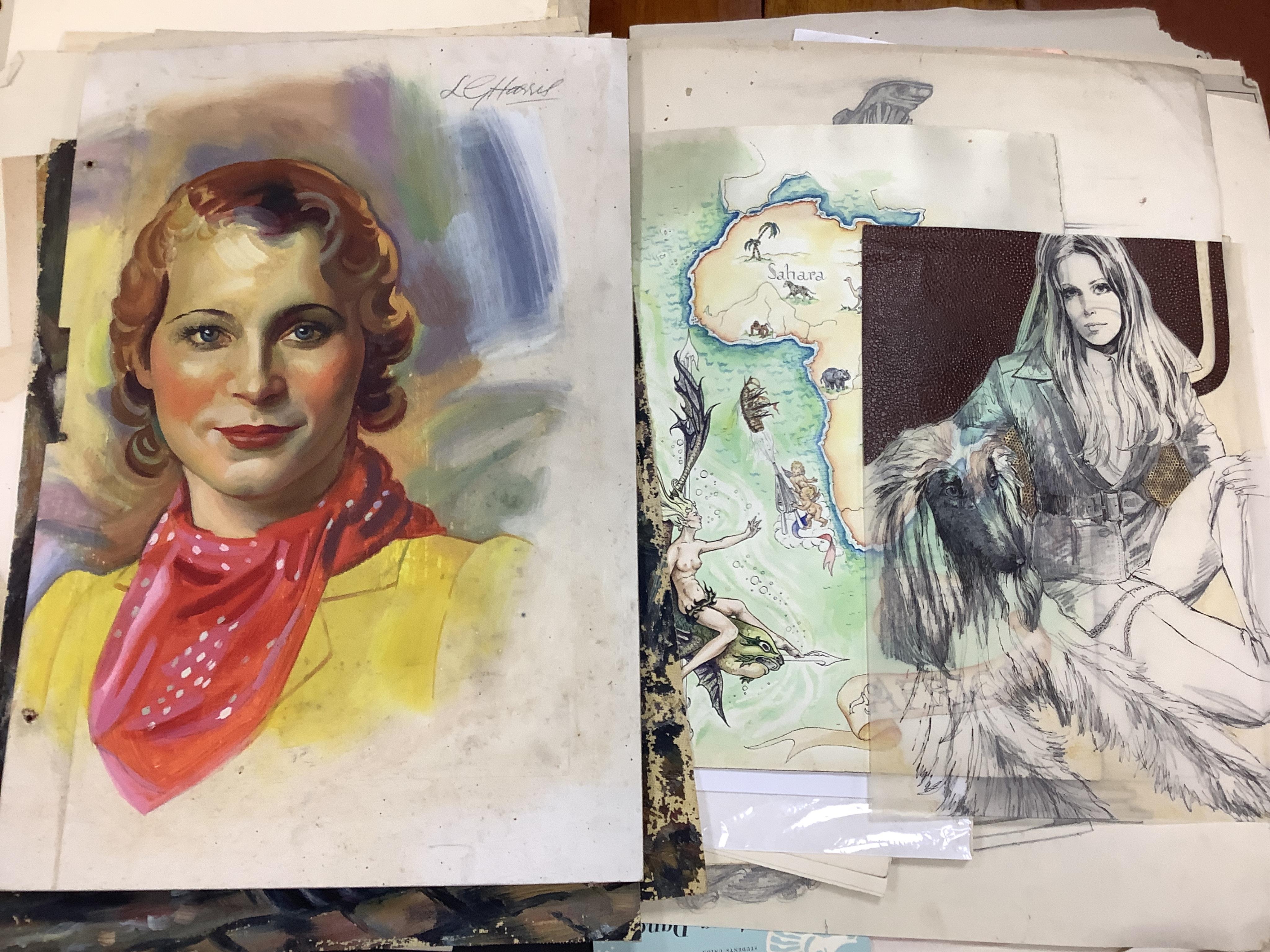 Shirley Curzon (nee Soar), folio of works, including oils on unmounted canvas, watercolours on paper and linocuts